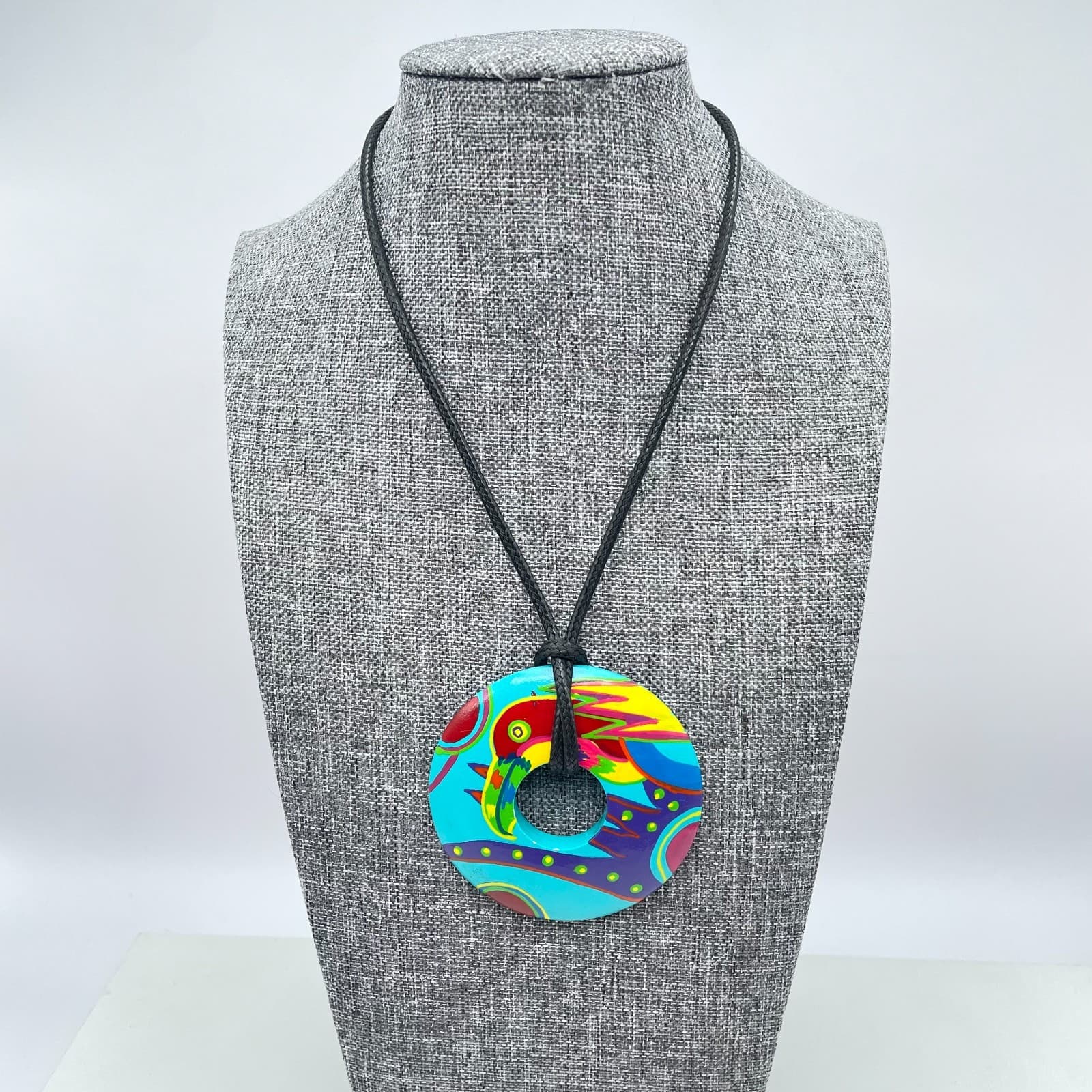 Vintage Multi-Color Swirl Black Cord Hand-Painted Ceramic Bird Pendant Necklace