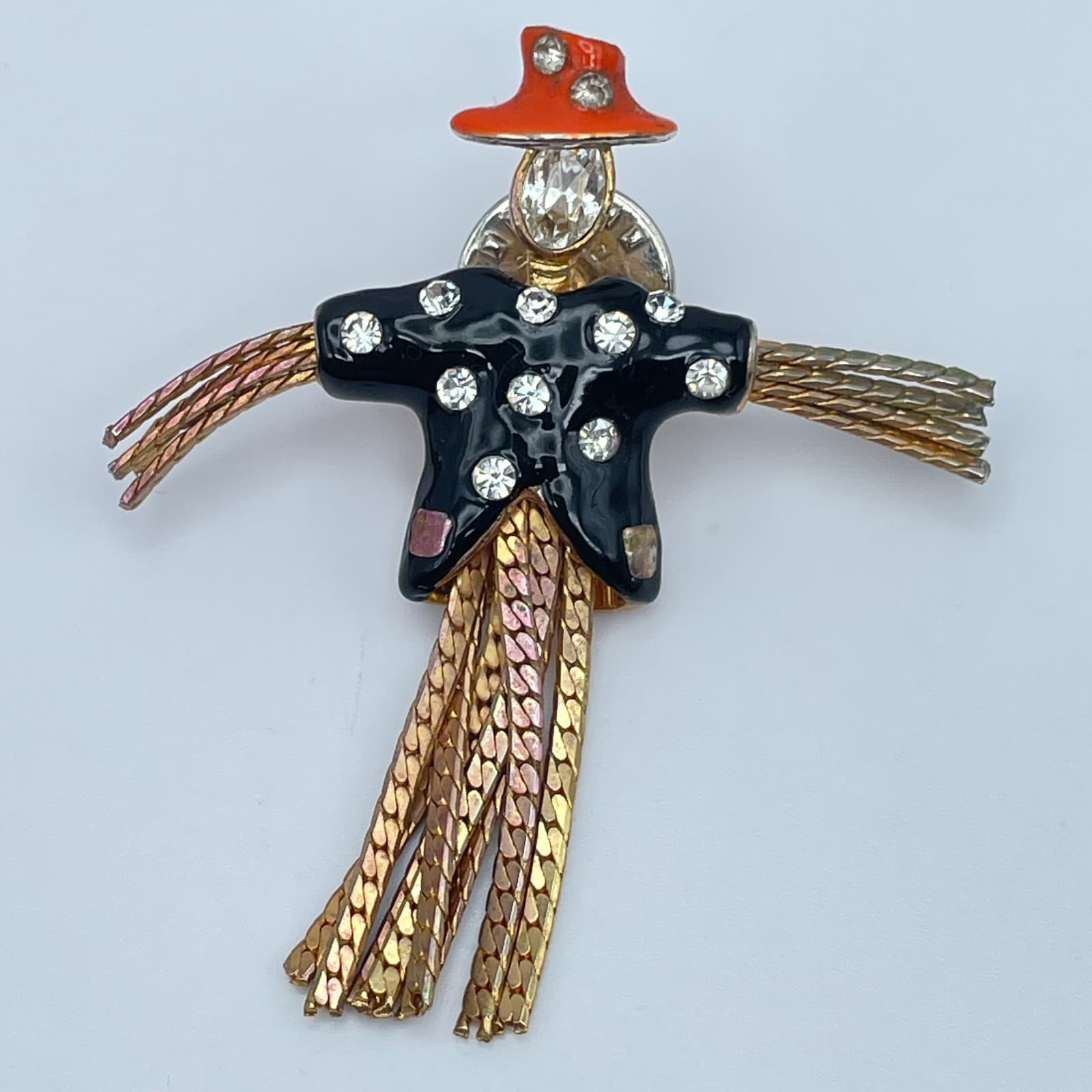 Vintage Y2K Scarecrow Gold Tone Enamel Rhinestone Fall Harvest Lapel Pin Jewelry