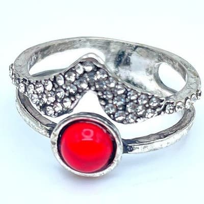 Southwestern Silver-Tone Coral Beads Pave Rhinestone Stacked-Look Layered Ring