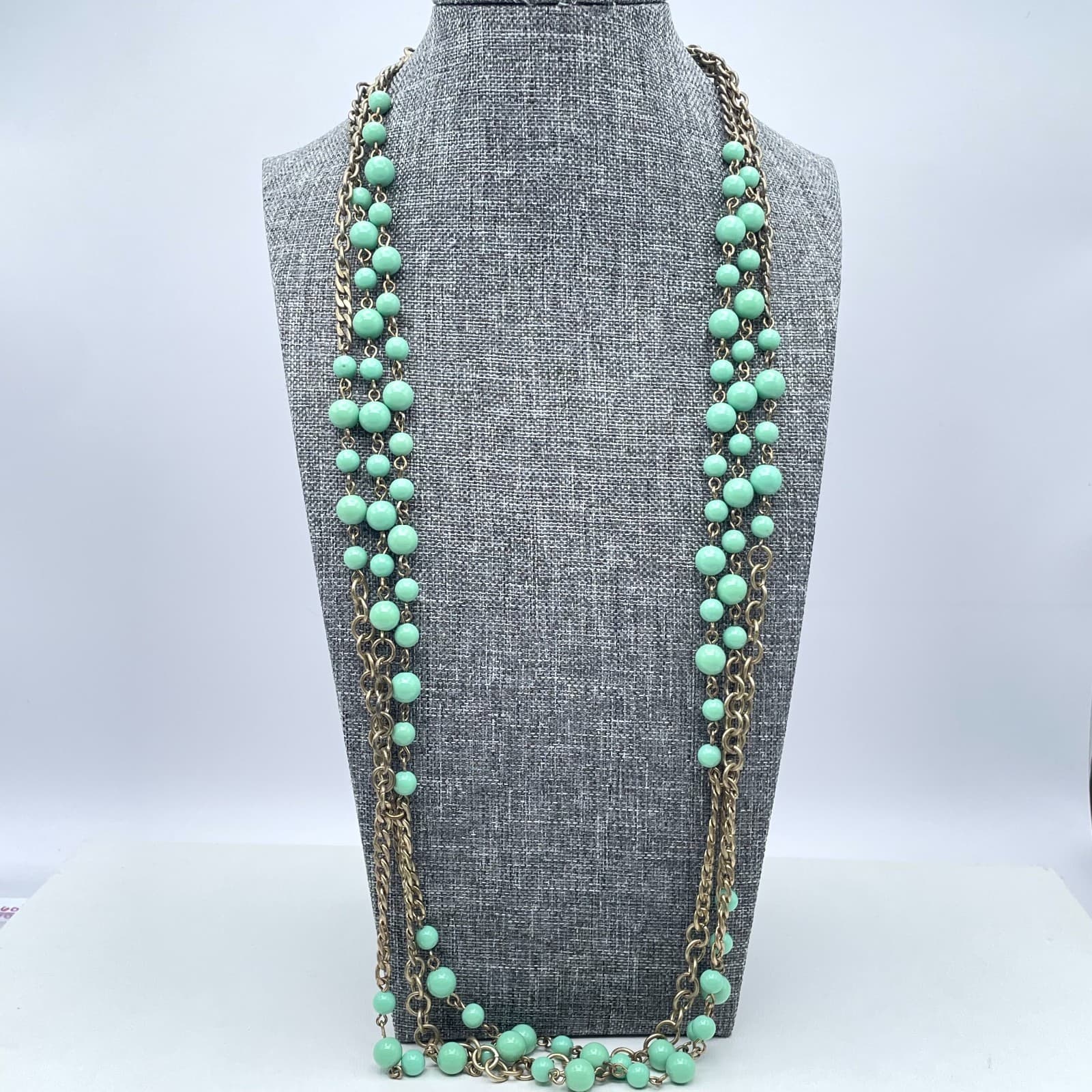 Vintage J. Crew Gold-Tone Seafoam Green Bead Triple Stranded Long Necklace Opera