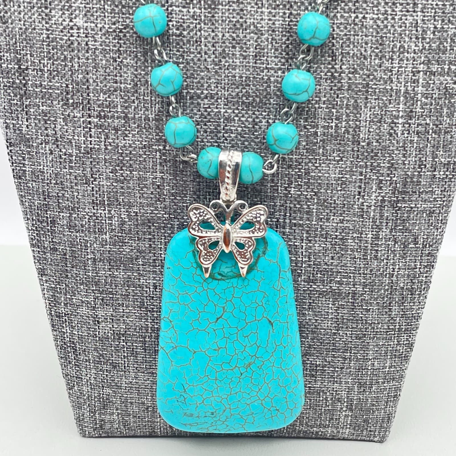 Vintage 90s Y2K Turquoise Beaded Necklace Butterfly Pendant Southwestern Boho