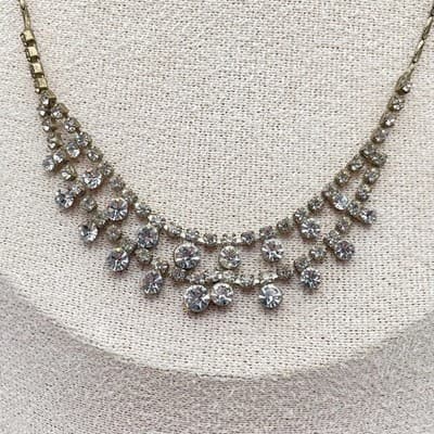 VTG Gold-Tone Braided Chain Prong Rhinestone Double Swag Layered Bib Necklace