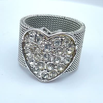 Silver-Tone Mesh Style Pave Rhinestone Heart-Shaped Top Class Band Cocktail Ring