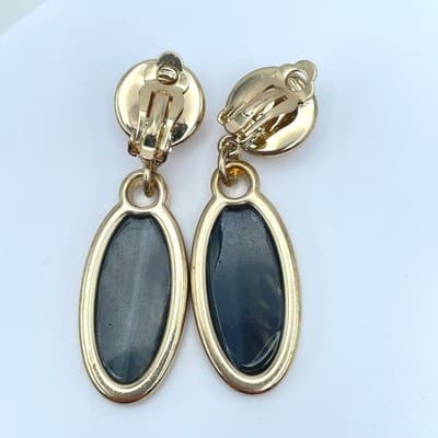 Vintage Gold-Tone Moonstone Bezel Poured Enamel Cabochon Clip-on Dangle Earrings