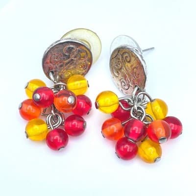 Vintage Silver-Tone Red Yellow Cluster Grapes Glass Beads Stud Dangle Earrings