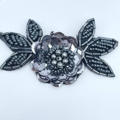 Vintage Black Sequins Seed Beaded Cluster Leaves Floral Appliqué Brooch Pin