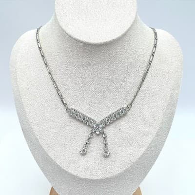 Vintage 1950s Silver-Tone Prong Rhinestone Embellished Choker Lariat Necklace