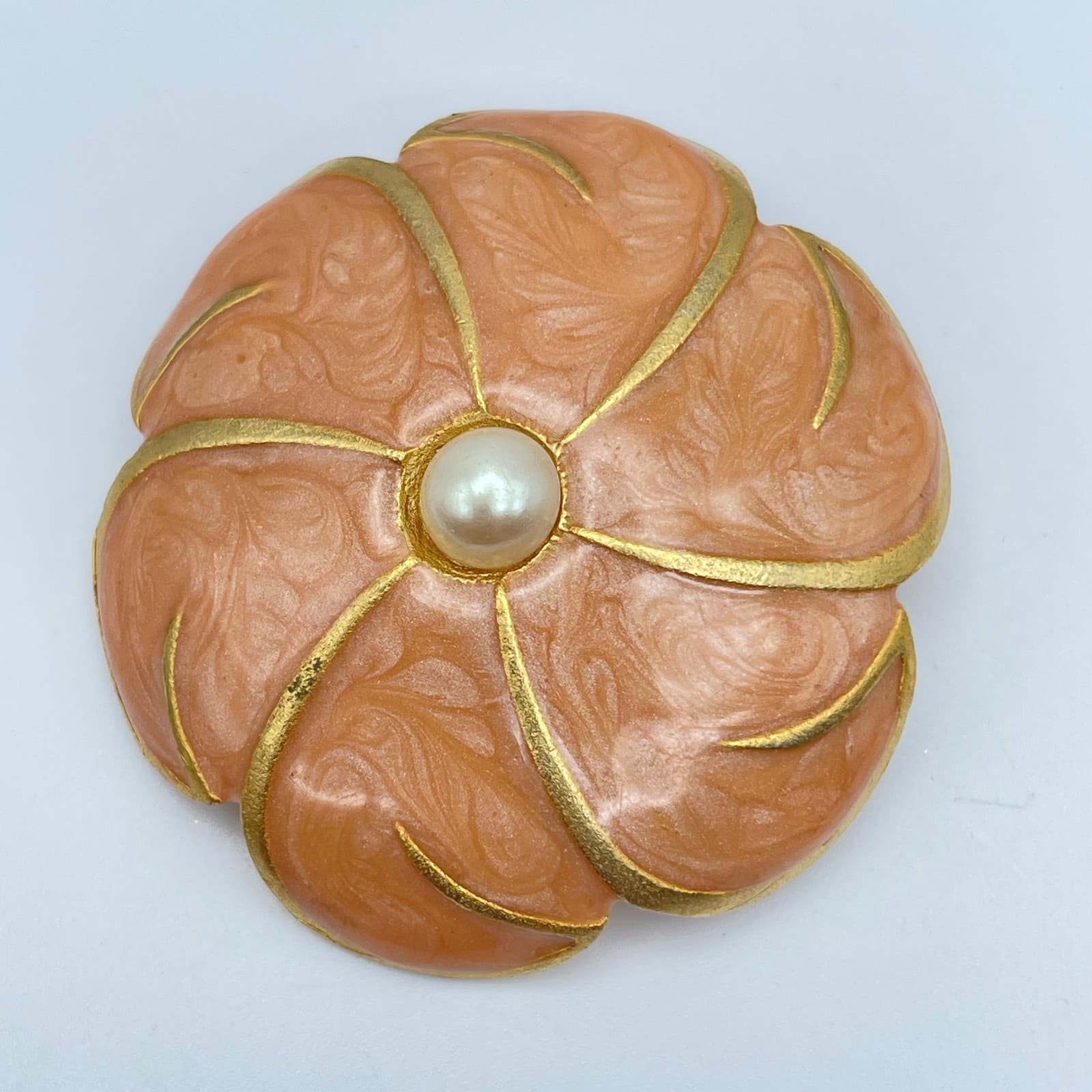 Vintage Gold-Tone Peach Enamel Petal Floral Mother Of Pearl Bead Brooch Pin