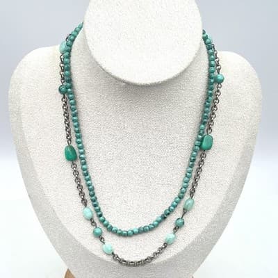 VTG Silver-Tone Rolo Turquoise Beaded Double-Stranded Layered Lobster Necklace