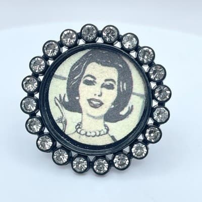 Vintage Black Pop Art Faceted Glass Edge Hardware Victorian kitsch Halo Ring