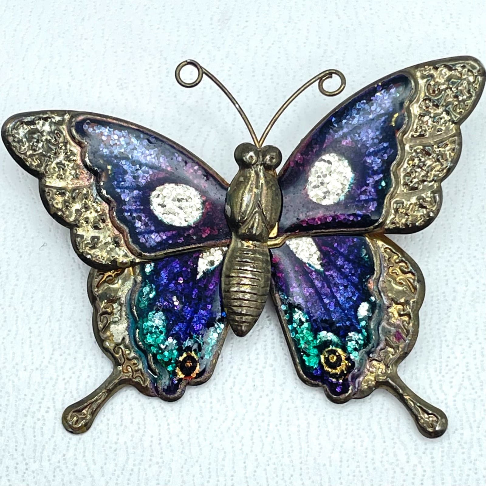 Vintage Gold-Tone Multicolor Patina Dye Enamel Blue Glitter Butterfly Brooch Pin