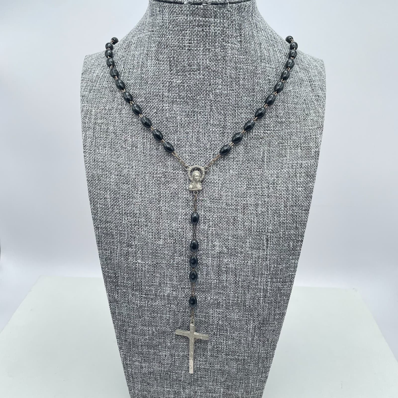 Silver-Tone Black Beads Rosary Crucifix Miraculous Medal Pendant "Inri" Necklace
