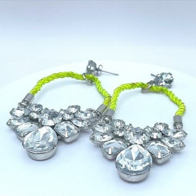 Silver-Tone Neon Green Cord Wing-Shape Clear Rhinestones Statement Drop Earrings