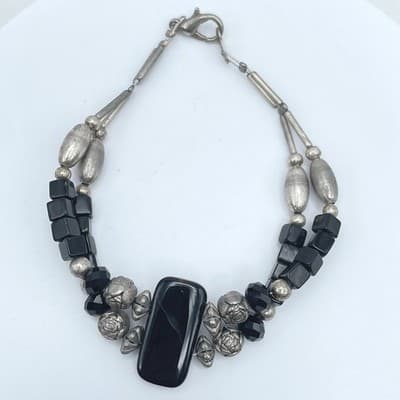 Vintage Silver-Tone Tribal Metal Black Onyx Beads Double Strand Lobster Bracelet