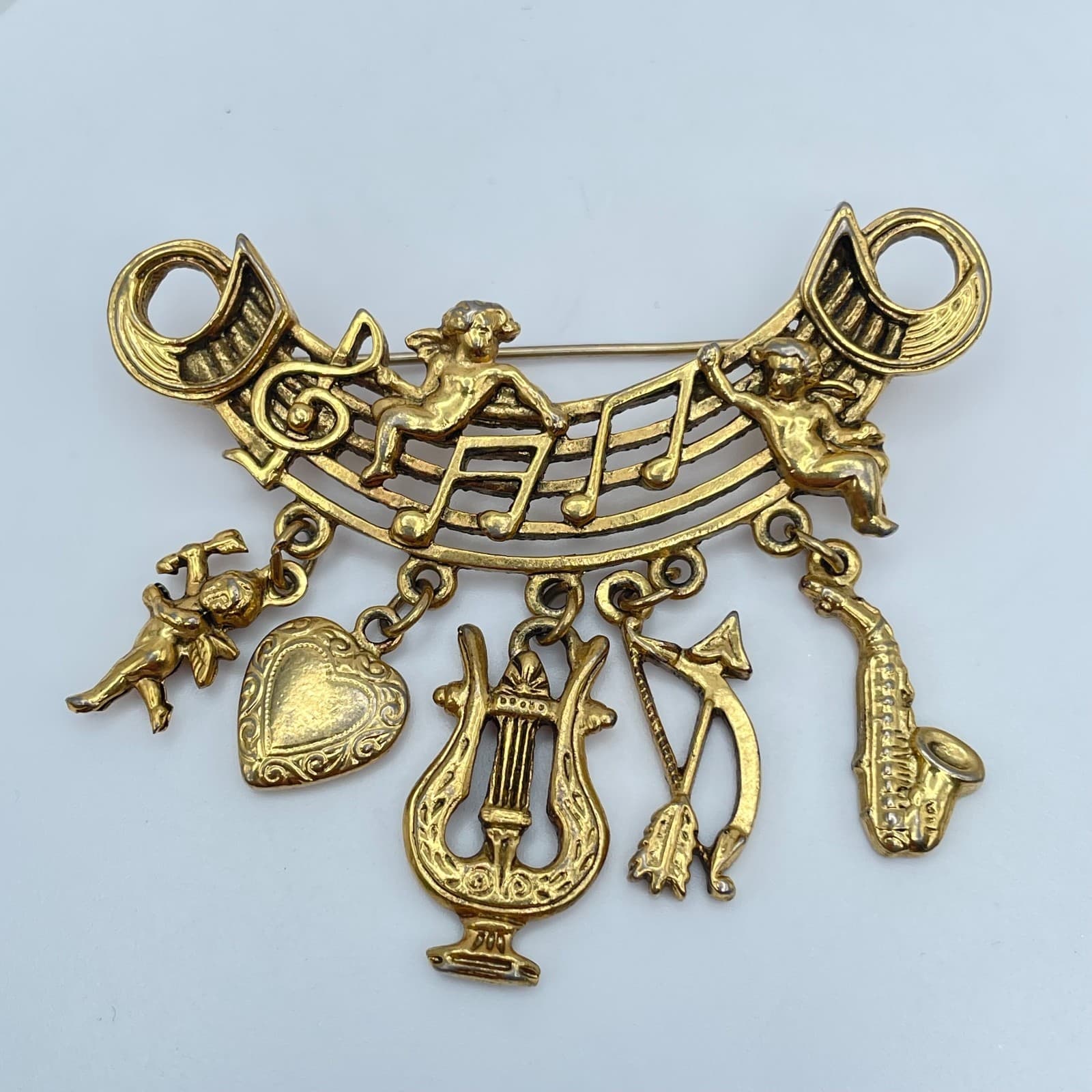 Vintage Gold-Tone Engraved Metal Musical Instrument Charm Tassel Brooch Pin