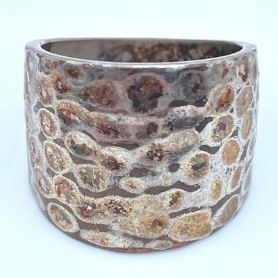 Artisanal Silver-Tone Hammered Fossil-Pattern Textured Patina Finish Wide Ring