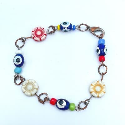 Handmade Copper-Tone Multicolor Evil Eye Flower Glass Beads Lobster Bracelet