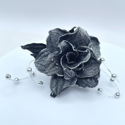 Gothic Glamour Dark Gray Artisan Metal Fring Sinamay Rose Flower Cocktail Ring