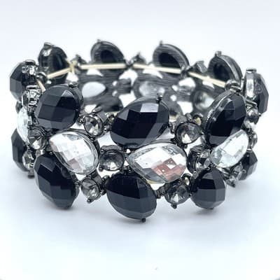 Vintage Black Clear Faceted Rhinestone Glass Teardrop Bead Rose Stretch Bracelet