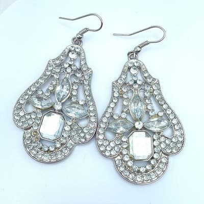 Silver-Tone Crystal Rhinestone Embellish Art Deco Style Chandelier Drop Earrings