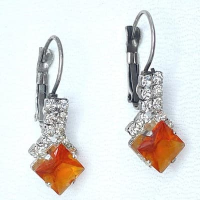 VTG Silver-Tone Rhinestone Amber-Colored Square-Cut Deep Glass Stud Earrings