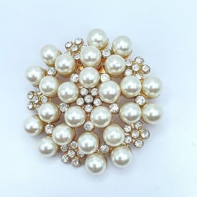 Gold-Tone Cluster Mother of Pearls Rhinestone Embellished Flower-Shaped Brooch