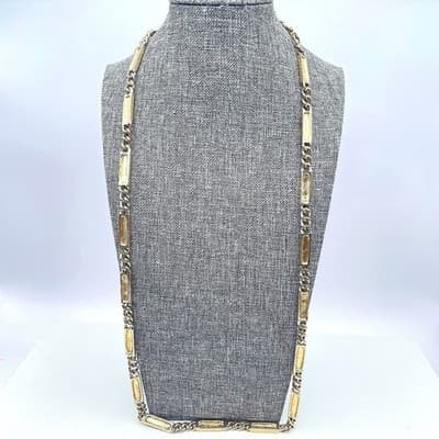 Classic Gold-Tone Flush-Set Enamel Inlay Metal Rectangular Chain Link Necklace