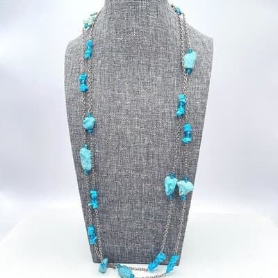 Vintage Silver-Tone Round Link Chain Natural Turquoise Beads Station Neckalce