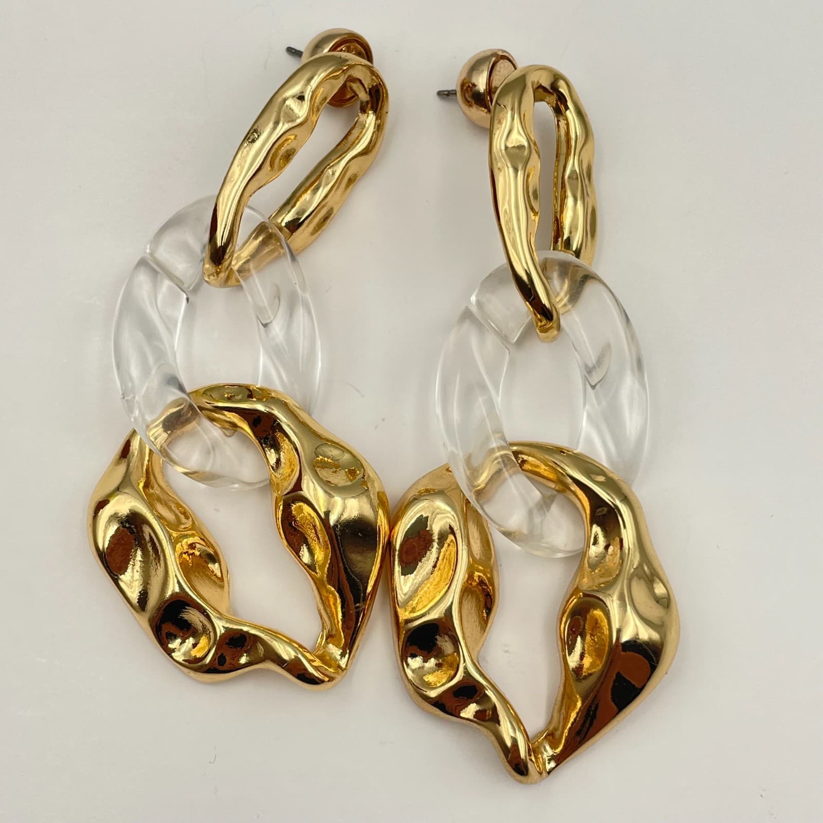 Vintage 90s 80R 8 Other Reasons Gold Tone Glass Link Dangle Earrings Chunky