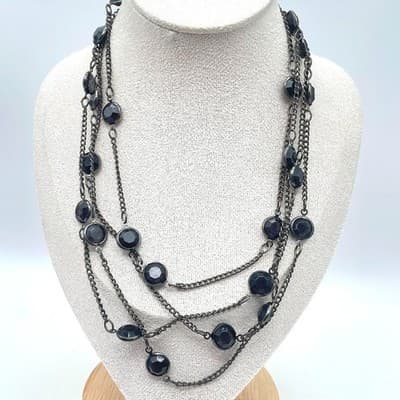 Classic Silver-Tone Black Bezel Faceted Glass Beads Triple Strand Chain Necklace