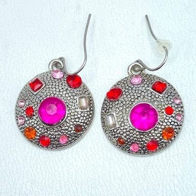 Vintage Silver-Tone Pink Red Rhinestone Embellished Round Dome Dangle Earrings