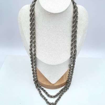 Vintage 80 Silver-Tone Classic Double Strand Twisted Rope Chain Lobster Necklace