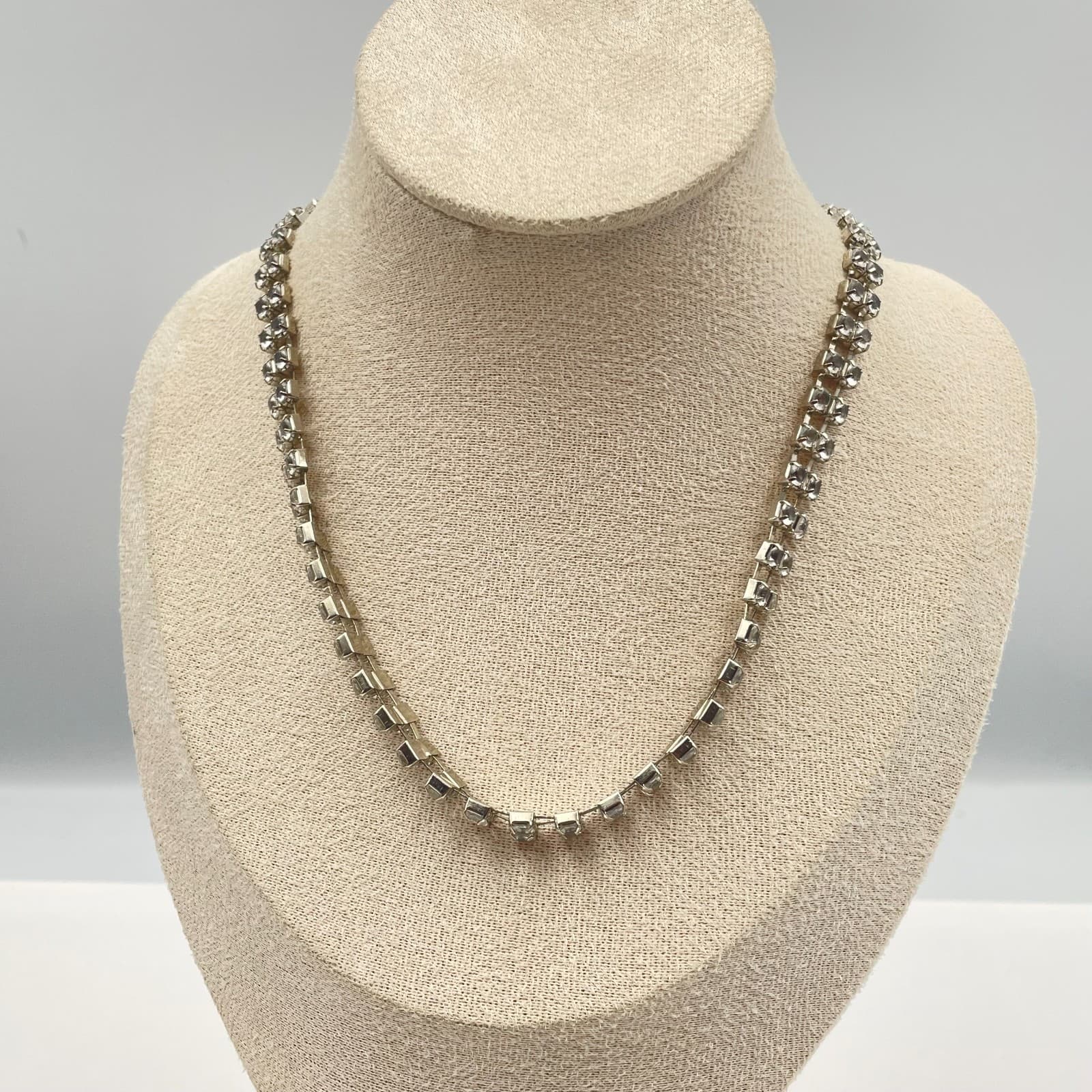 Vintage 90s SilverTone Clear Glass Double Row Rhinestone Choker Necklace Jewelry