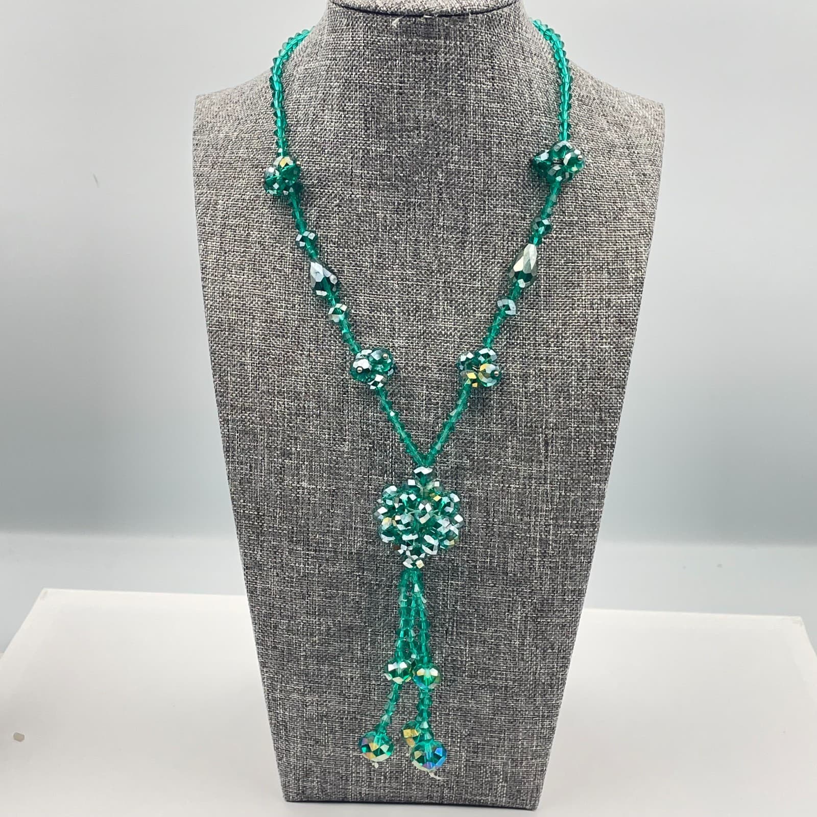 Vintage 90s Faceted Green Glass Beaded Tassel Necklace Boho Statement Jewelry