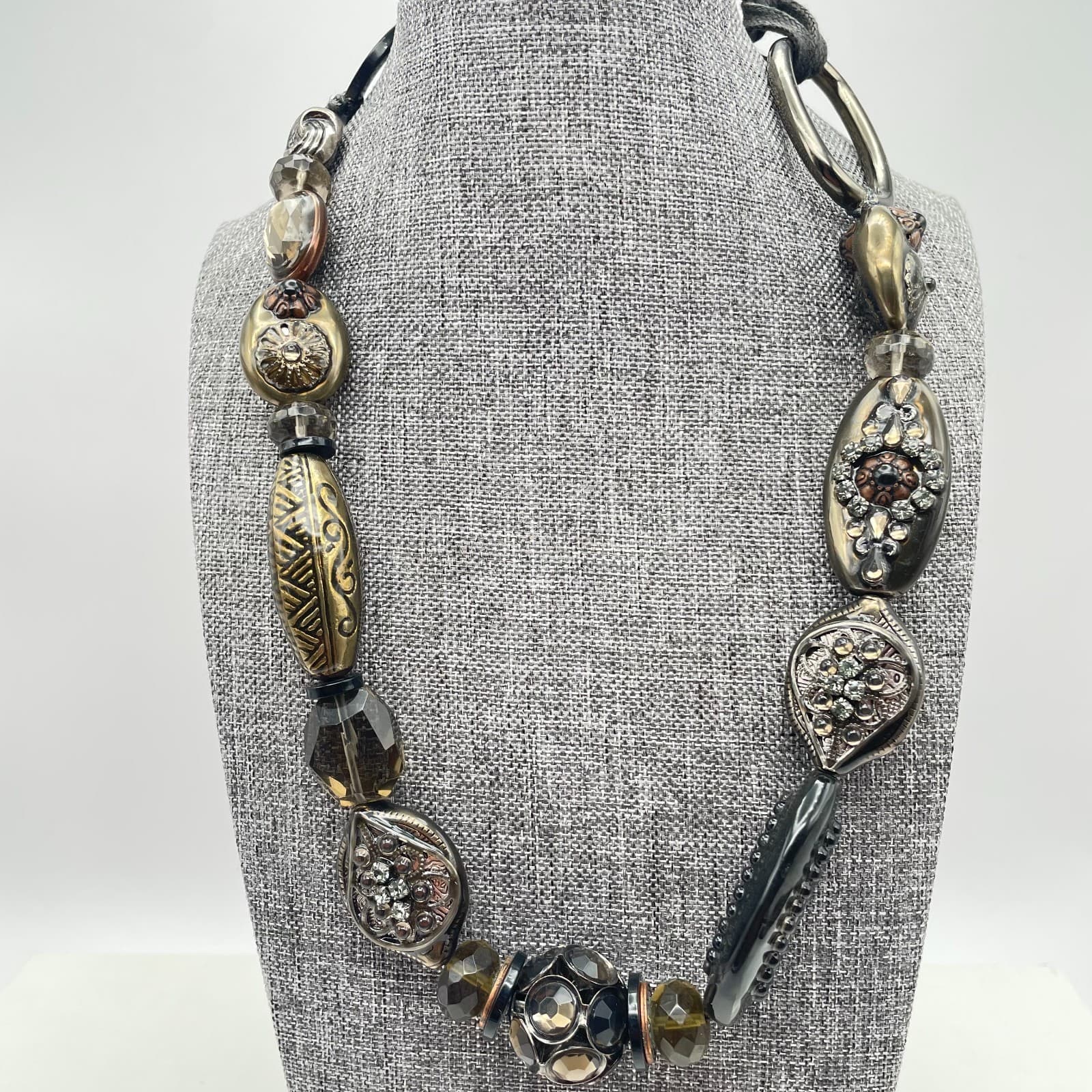 Vintage 90s Statement Beaded Cord Necklace Metallic Mixed Media Charms Jewelry