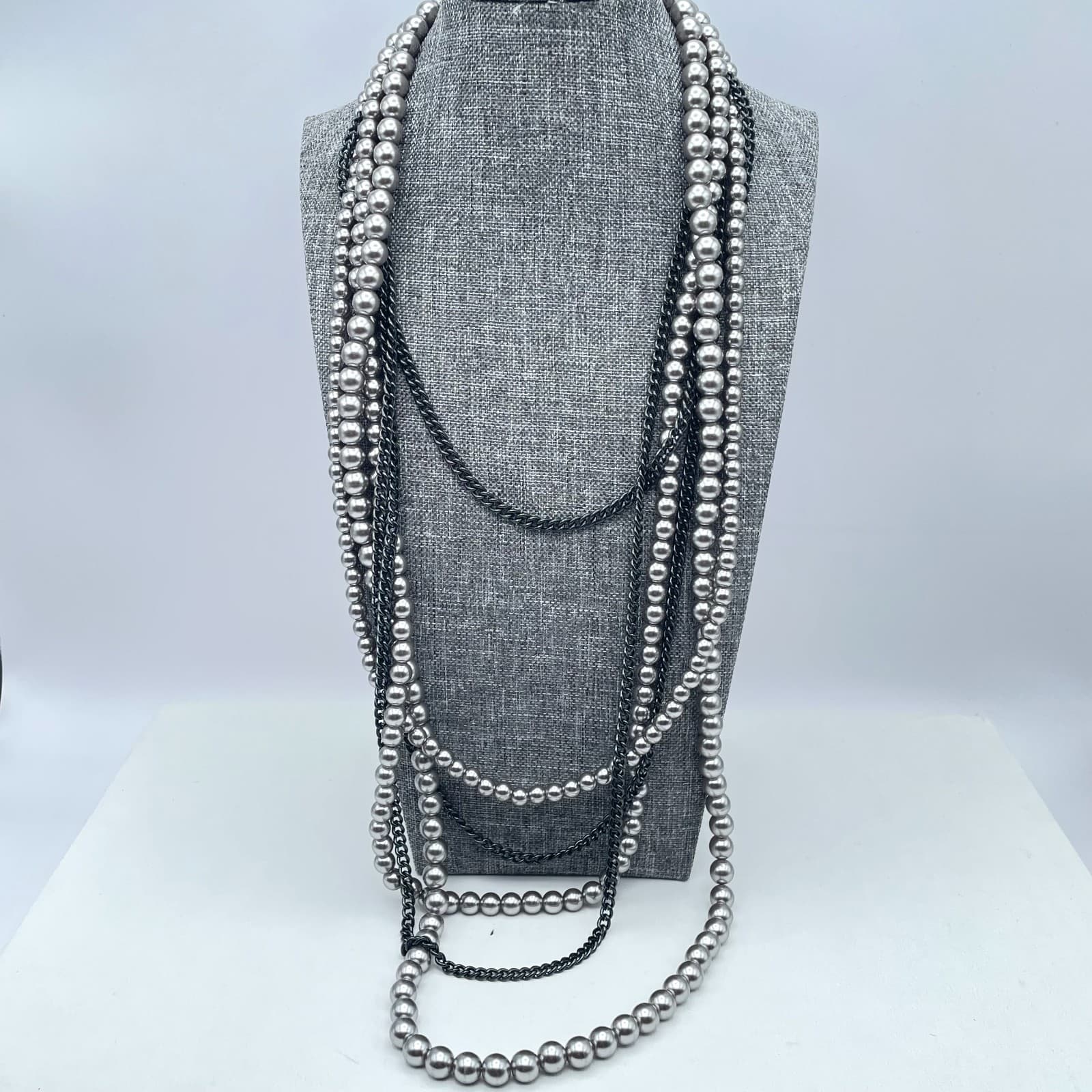 Vintage Y2K Multi Strand Gray Faux Pearl Chain Statement Necklace Heaped Jewelry