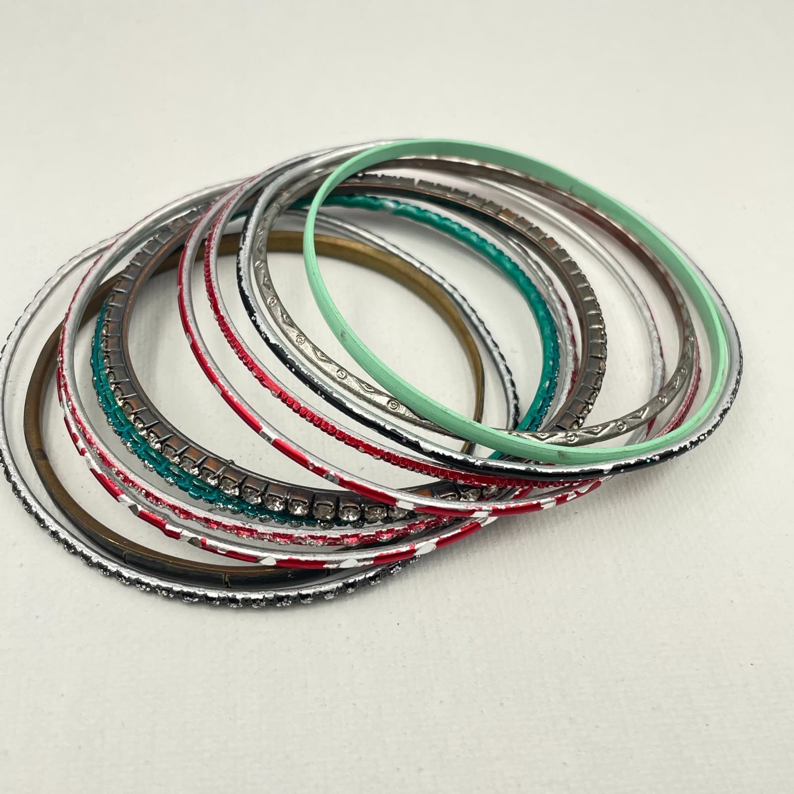 Vintage 80s 90s Bangles Set Glass Stone Enamel Women's Classic Fashion Jewelry