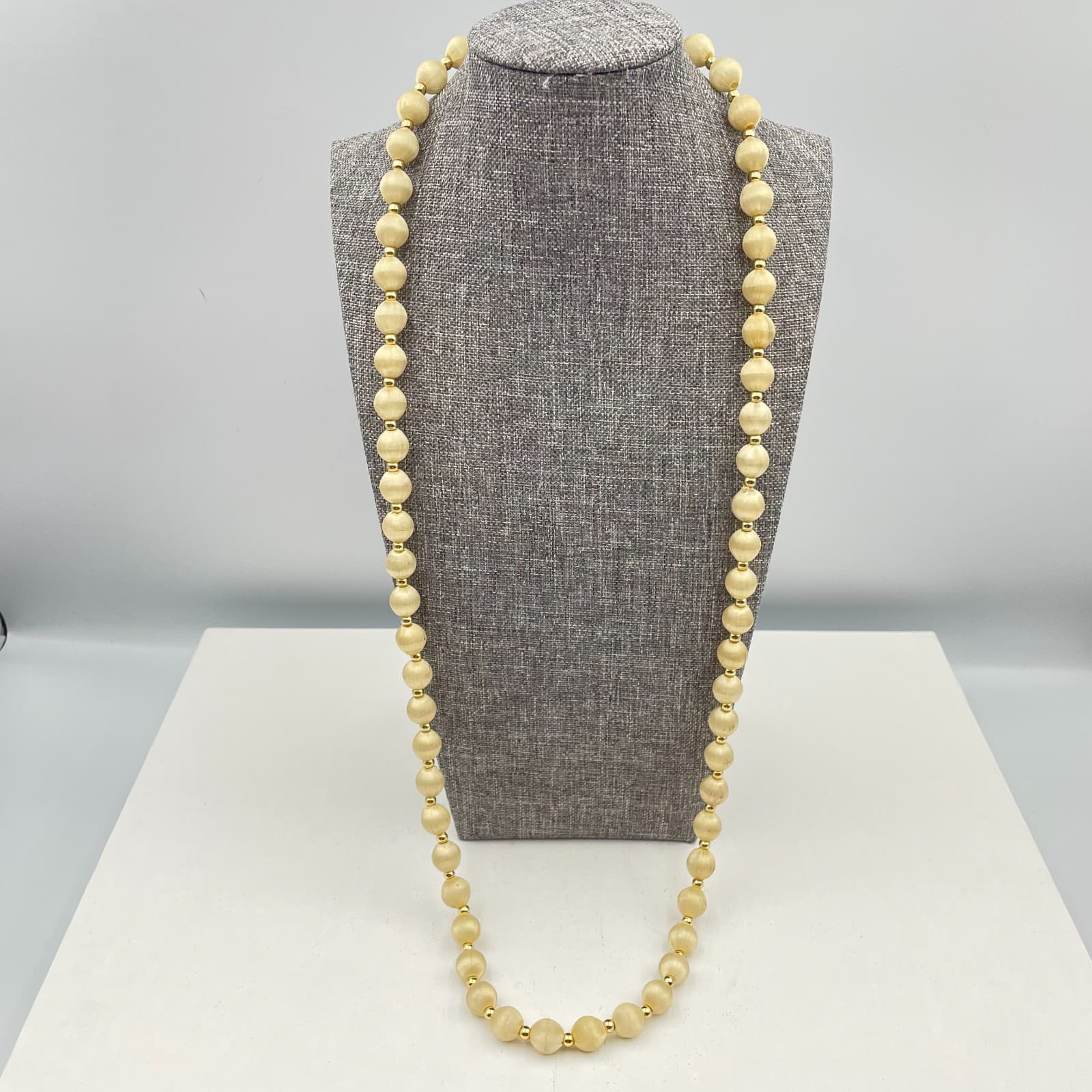 Vintage 80s Cream Silk Thread Wrap Bead Necklace Gold Tone Accent Boho Jewelry