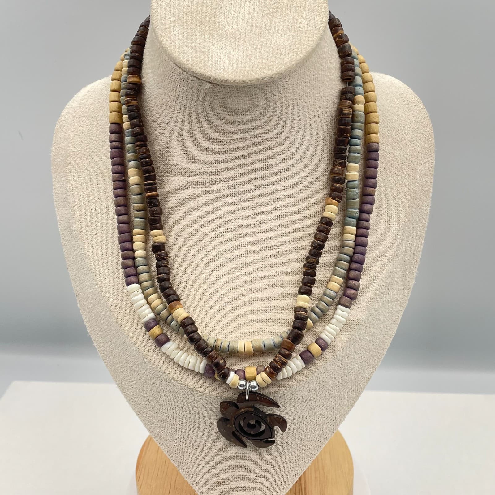 Vintage 90s Wood Bead Necklaces Set Brown Turtle Pendant Tropical Boho Jewelry