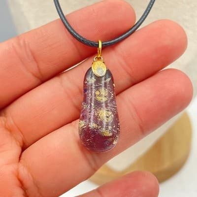 Vintage 90s Dichroic Glass Pendant Necklace Gold Foil Art Glass Cord Jewelry