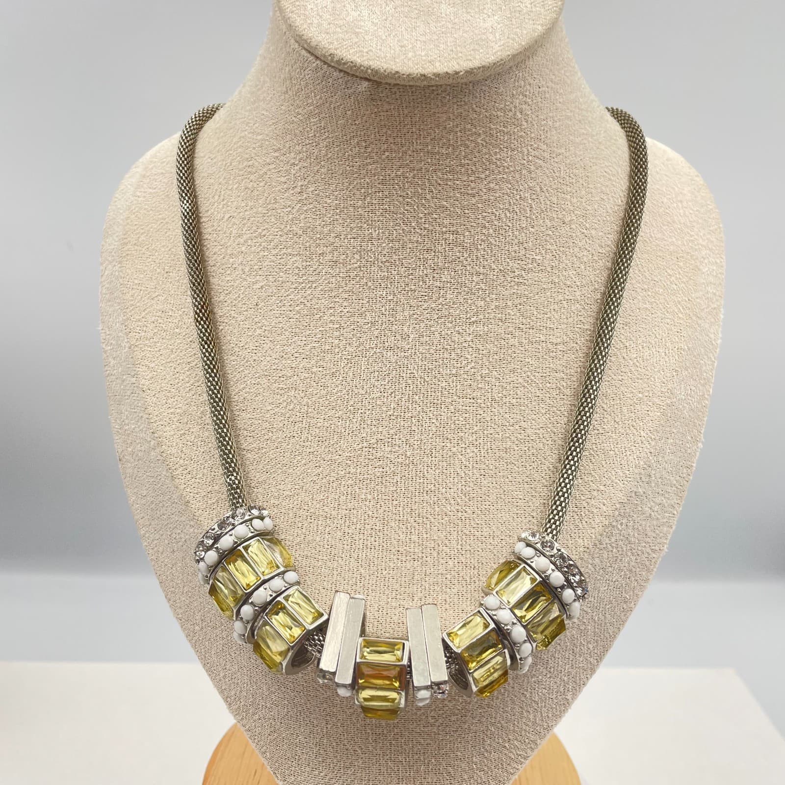 Vintage 90s Silver Tone Mesh Necklace Yellow Glass Baguette Chunky Statement