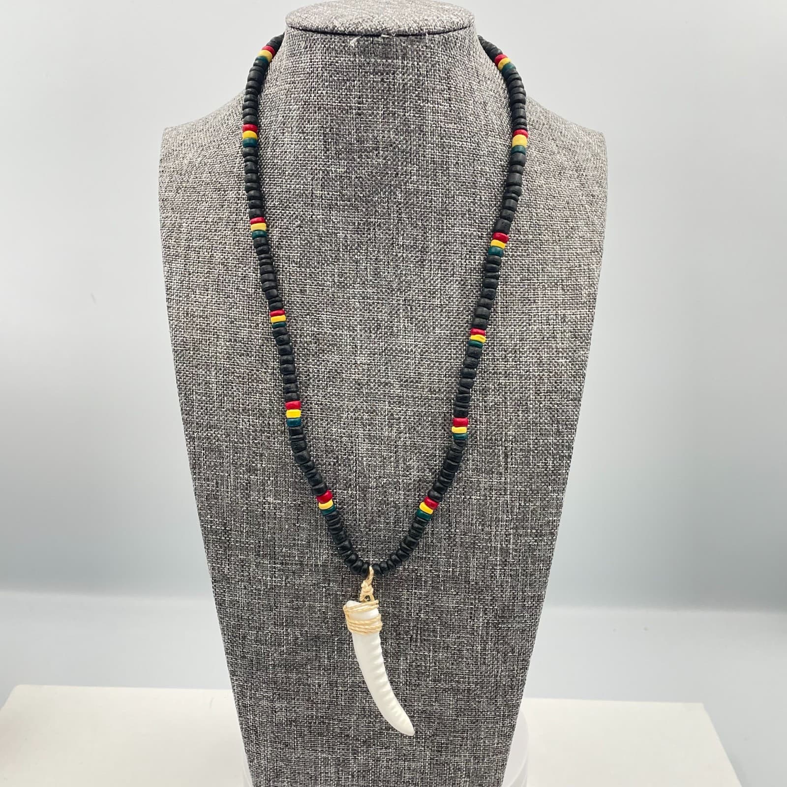 Vintage 90s Boho Black Bead Necklace White Horn Pendant Rasta Colors Jewelry