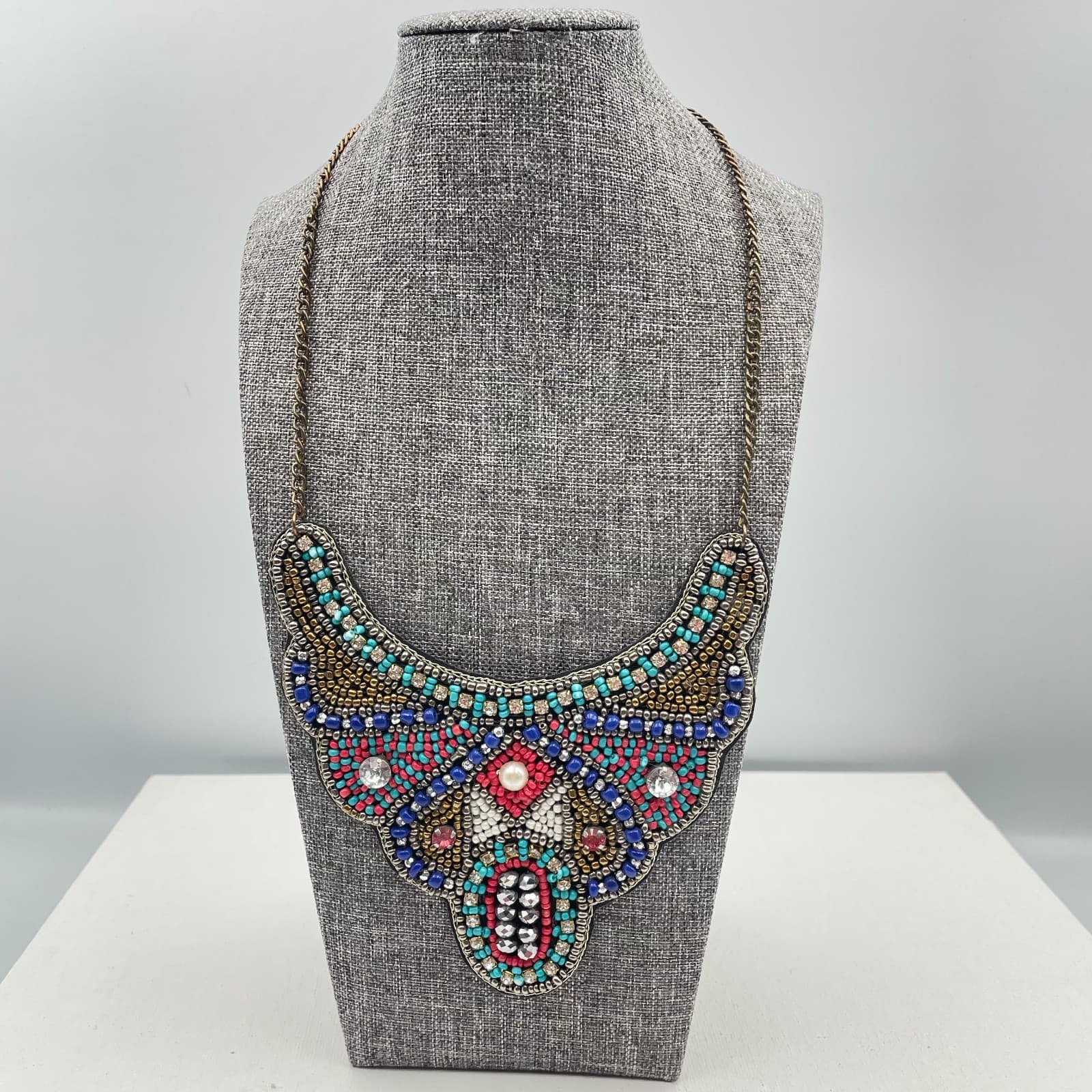 Vintage 90s Boho Seed Beads Ethnic Necklace Statement Women's Classic Jewelry