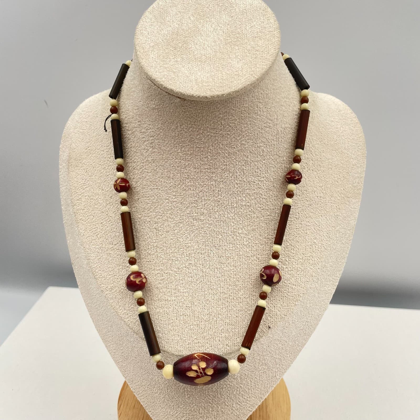Vintage 80s Wood & Glass Bead Necklace Earth Tone Floral Boho Classic Jewelry