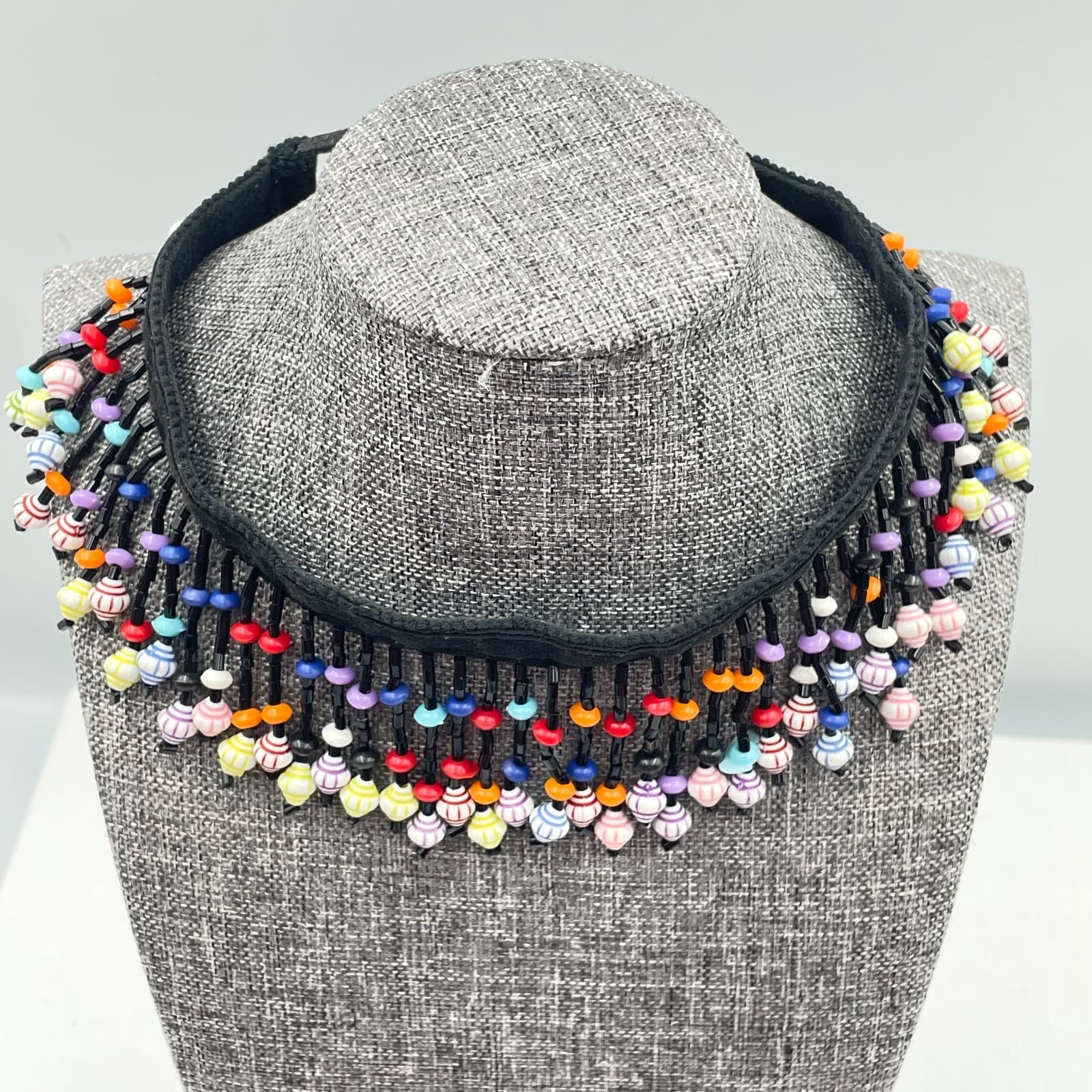 Vintage 90s Glass Bead Fringe Choker Necklace Black Fabric Boho Fashion Jewelry