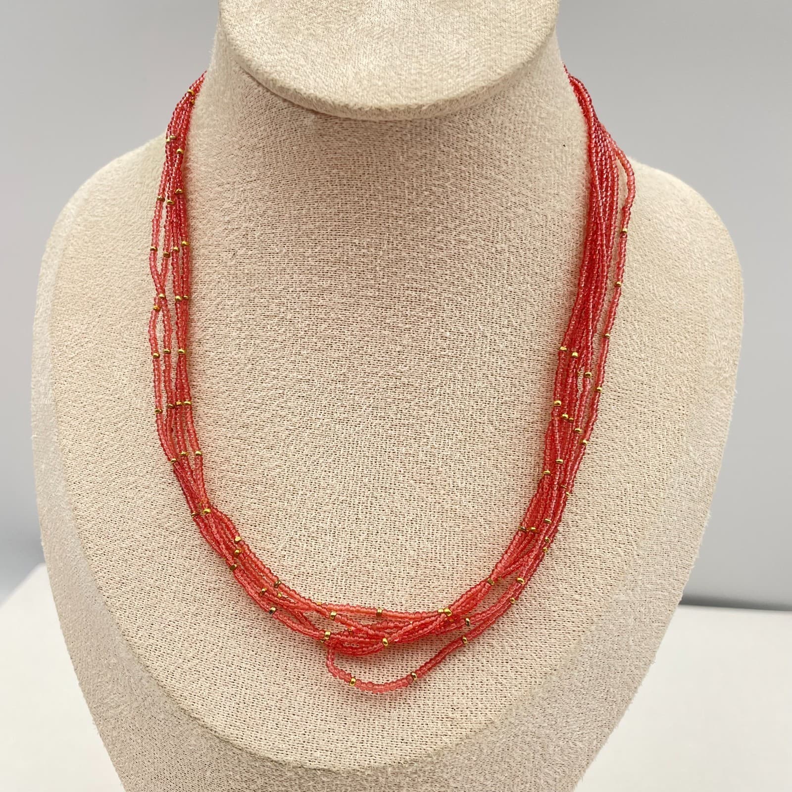Vintage Y2K Gold Tone Multi Strand Seed Bead Necklace Red Boho Women's Jewelry