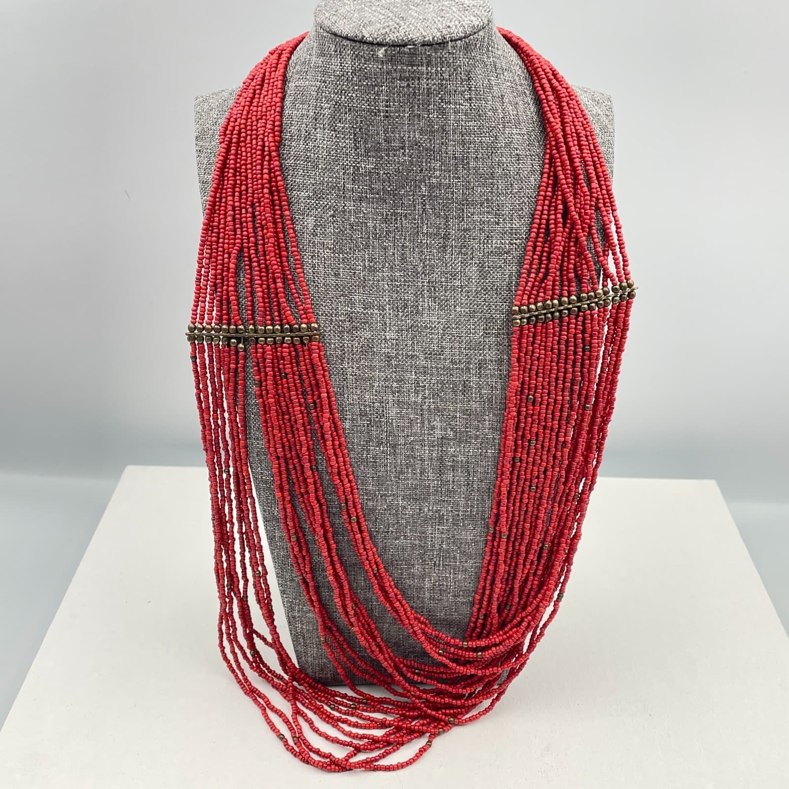 Vintage 90s Multi-Strand Red Glass Seed Bead Statement Necklace Boho Estate