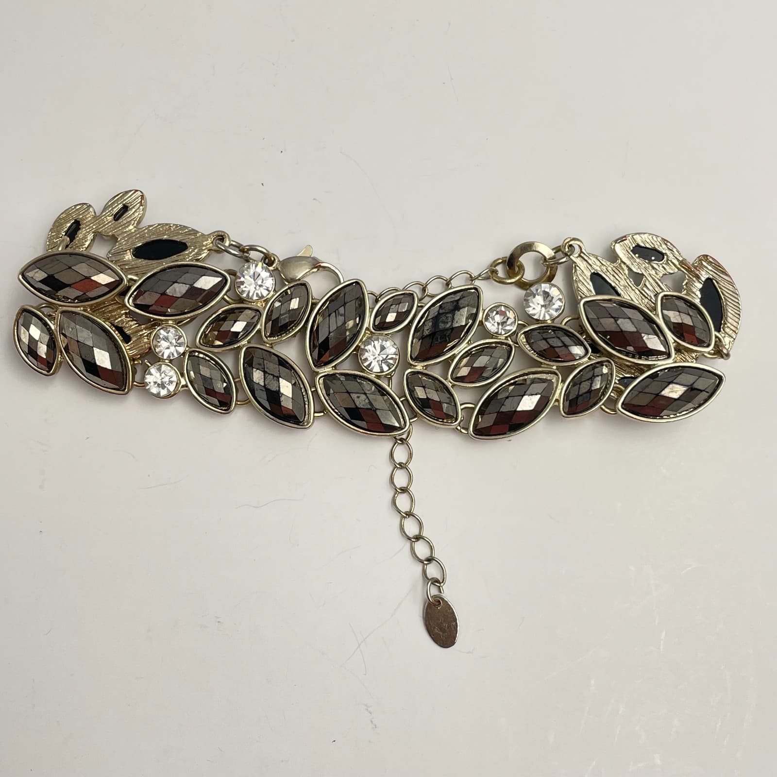 Vintage 80s Gold Tone Sky Gray Marquise Rhinestone Link Bracelet Cluster Jewelry