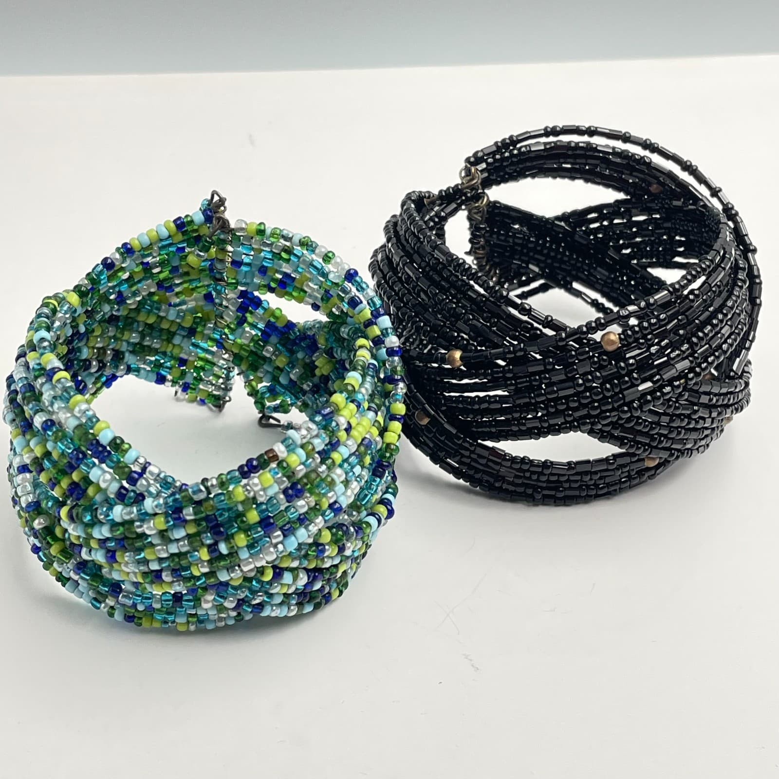 Vintage 90s Multi-Strand Seed Bead Cuff Bracelet Mix Blue Black Braided Jewelry