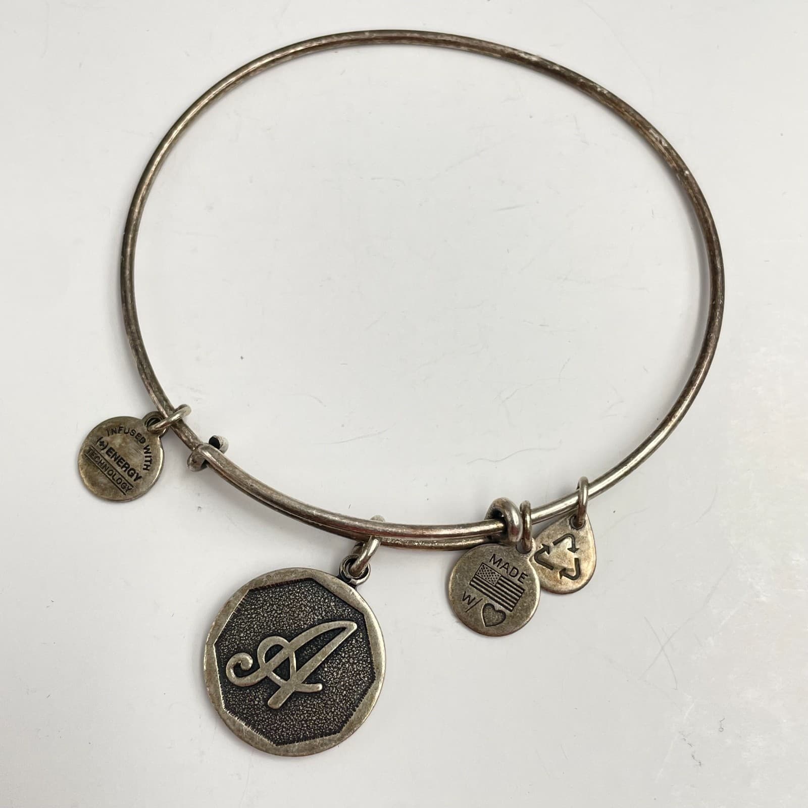 Vintage 70s Initial A Charm Bangle Bracelet Silver Tone Adjustable Retro Jewelry